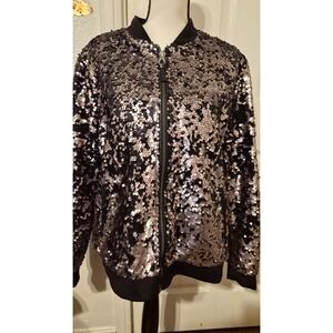 Guess Black and Matte Grey Sequin Bomber Jacket